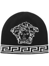 A slouchy hat with a sculpturesque stitch pattern which adds texture. Versace Medusa Logo Knitted Beanie In Black Modesens Logo Knit Knit Beanie Beanie