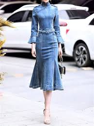 Buy Midi Dresses For Women From Eau Du Sud At Stylewe Online Shopping Blue Stand Collar Elegant Paneled Mermaid Denim Dress Outfit Flared Denim Dress Fashion