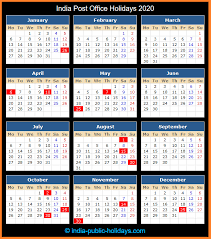 Kalendar dan perancang bulanan untuk setiap hari, minggu, bulan dan tahun dengan medan untuk penyertaan dan nota India Post Office Holiday Calendar 2020