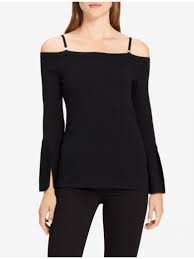 Womens Calvin Klein Clothing Off Shoulder Slit Bell Sleeve Top Black Joven Mafia