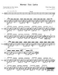 Drum Tab Sheet Music Transcription For Never Too Late By Three Days Grace From The 2006 Album One X Neil Sand Drums Sheet Three Days Grace Drum Sheet Music