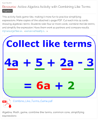 Active Algebra Activity With Combining Like Terms Like Terms Combining Like Terms Simplifying Expressions