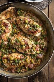 Skillet Chicken With Bacon Caper And Olive Sauce Recipe Olive Sauce Recipes Food
