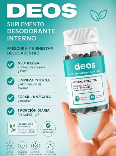 DEOS es un suplemento desodorante interno en cápsulas, a base de clorofila  y hierbas como menta, que sirve para neutralizar el mal olor corporal y el  mal aliento desde el interior, promoviendo