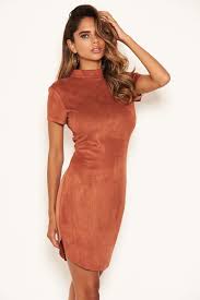 Rust Faux Suede Mini Dress With High Neck Ax Paris