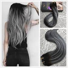 Moresoo 100g Hair Clip In Balayage Off Black 1b Fading To Grey Silver Mixed With 1b 1b Silver 1b Balayage Hair Grey Human Hair Extensions Clip In Hair Extensions