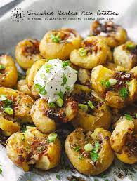 Smashed Herbed New Potatoes A Super Tasty Roasted Potato Side Dish Potato Side Dishes Potato Sides Roasted Potatoes