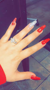 Red acrylic nails are the ultimate chameleon. Follow For More Related Pins Ashleen 23 Red And Silver Nails Red Nails Glitter Prom Nails Red