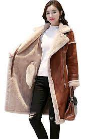 Shineflow Women S Lapel Faux Fur Fleece Lined Parka Warm Winter Shearling Coat Leather Jacket L Coffee Leather Jacket Fashion Clothes Women Leather Coat