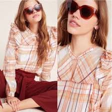 Current Air Anthropologie Sheer Plaid Ruffle Polly Cotton Silk Pink Blouse  M