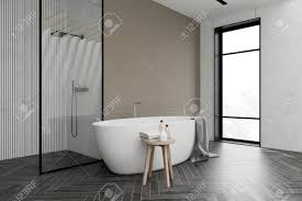 Of course a lot of beige bathrooms are boring but in the gallery that we've gathered you'll find a lot of ideas to make your beige bathroom. Corner Of Stylish Bathroom With Beige And White Walls Grey Wooden Stock Photo Picture And Royalty Free Image Image 139567790