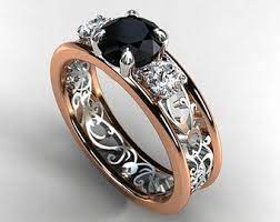 Black And White Diamond Filigree Engagement Ring Trinity Ring Two Tone Ring Rose Gold White Gold Bla Filigree Engagement Ring Gothic Jewelry Wedding Rings