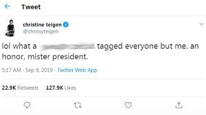 Jun 15, 2021 · chrissy teigen has written a medium post on what she calls her old awful (awful, awful), tweets, saying she is apologizing to the people she insulted in her previous social media posts. Chrissy Teigen Filthy Mouthed Says President Trump Bbc News
