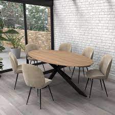 I'm a huge fan of mixing wood dining tables and white chairs in different styles so i'm seeking that same look in this dining nook in progress. Industrial Oak Dining Table With 6 Mink Velvet Dining Chairs Carson Furniture123