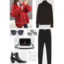 Black And Red Cardigan Bts Jimin Airport Style Outfit With Red Cardigan Black Jeans Black Ankle Boots Fashion Airport Style Airplane Outfits