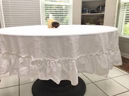 Charming 68 Round White Tablecloth With Ruffled Edge Etsy White Table Cloth Table Skirt Farmhouse Table