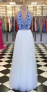 White prom dress with flowers on top. Elegant Halter White Long Prom Dress With Blue Embroidery Top Promdress Partydress White Prom Dress Long Evening Dress Floor Length Homecoming Dresses