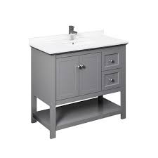 42 inch wide antique style dark espresso color cassandra bathroom sink cabinet with eight drawers, two doors with internal wooden shelf, imperial white color stone countertop with oval white color porcelain undermount sink. Fresca Manchester 40 In W Bathroom Vanity In Gray With Quartz Stone Vanity Top In White With White Basin Fcb2340gr Cwh U The Home Depot