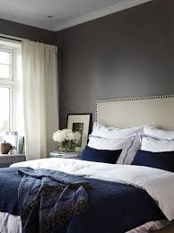 Dark Blue And White Bed And Dark Walls White Curtains Possible Guest Or Master Decor White Bedroom Design Blue Master Bedroom Master Bedrooms Decor