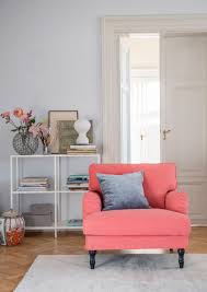 Coral Red Armchair With A Velvet Cushion Ikea Stocksund Armchair With A Pomela Peach Skin Ro Contemporary Home Furniture Living Room Grey Sitting Room Chairs
