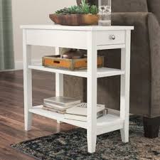Round White Accent Table Wayfair Nightstand with notched drawer and shelf.