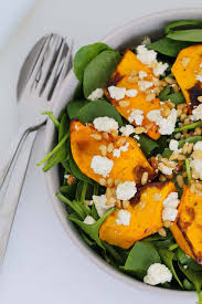 Turn this healthy spinach salad recipe into a hearty vegetarian dinner with homemade pita chips or boiled potatoes. Roast Pumpkin Salad With Feta Pine Nuts Baby Spinach Bake Play Smile