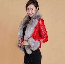 Slim Fit Red Winter Leather Jacket With Silver Fox Fur Faux Leather Jacket Women Red Jacket Leather Winter Leather Jackets