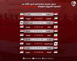 يقدم لكم موقع ميركاتو داي جدول مواعيد مباريات منتخب سوريا في تصفيات آسيا المؤهلة لنهائيات كأس العالم 2022 في المرحلة الثالثة والأخيرة. Ø¬Ø¯ÙˆÙ„ Ù…Ø¨Ø§Ø±ÙŠØ§Øª Ù…Ù†ØªØ®Ø¨ Ø³ÙˆØ±ÙŠØ§ Ø¨ÙƒØ±Ø© Ø§Ù„Ù‚Ø¯Ù… ÙÙŠ Ø§Ù„Ù… Ù„Ø­Ù‚ Ø§Ù„Ù…Ø¤Ù‡Ù„ Ù„ÙƒØ£Ø³ Ø§Ù„Ø¹Ø§Ù„Ù… 2022 Ø³Ù†Ø§Ùƒ Ø³ÙˆØ±ÙŠ