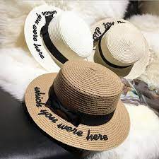 Click To Buy Korea Style Embroidery Letter Boater Hat Summer Ribbon Round Bow Flat Top Wide Brim Straw Hat Women Fe Boater Wide Brim Straw Hat Straw Hat