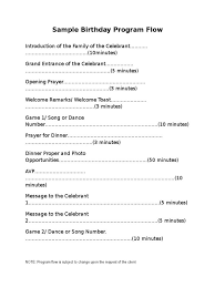 Creating an effective plan for a scheduled party is an essential part of achieving a successful event. Sample Program Flow Birthday Download As Word Doc Doc Docx Pdf File Pdf Text File Txt Or Read O Party Agenda 80th Birthday Party 60th Birthday