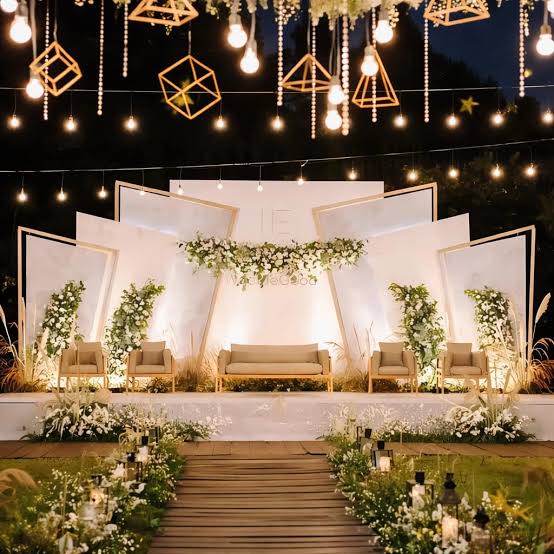 Sleek white backdrops paired with soft foliage and warm ambient lighting, AI generated
