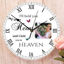 I Ll Hold You In My Heart Until I Hold You In Heaven Personalised In Loving Memory Clock By Write From The Heart Thank Photo Clock Clock Personalized Clocks