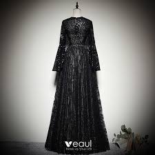 Chic / Beautiful Black Lace Evening Dresses 2019 A-Line / Princess Scoop  Neck Bell sleeves Glitter Sequins Floor-Length / Long Ruffle Formal Dresses