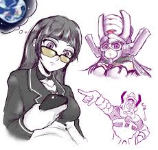 galacta, marvel, 1girl, black hair, breasts, glasses, helmet, phone, purple  eyes 