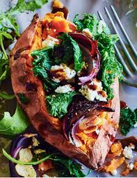Baked Sweet Potatoes With Kale Feta Chilli And Onion Tesco Real Food Recipe Food Vegetarian Recipes Sweet Potato Recipes