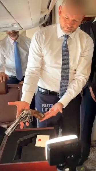 Slovakia's President Peter Pellegrini showed reporters an engraved Gumusay .357 Magnum revolver gifted to him by Turkish President Recep Tayyip Erdogan during the NATO summit in Ankara on July 9. The custom