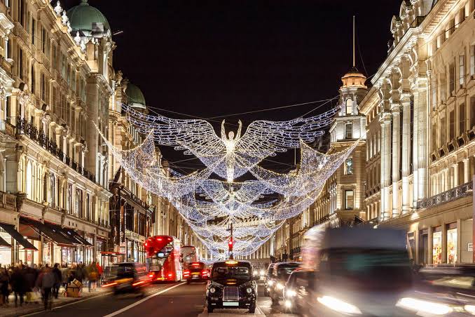 Regent Street's famous 'Spirit of Christmas' lights, AI generated