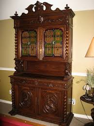 White buffet and hutch with framed glass doors and drawer. Antique French Stained Glass Doors Barley Twist Hunter Sideboard Buffet Cabinet