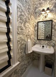Black And White Toile Wallpaper Bathroom A Tiny Half Bath Done In A Black And White Toile With Roman Shades Bathroom Wallpaper Toile Wallpaper Black Toile