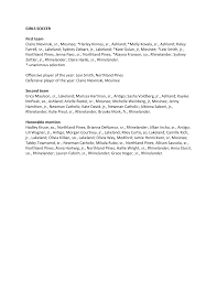 GIRLS SOCCER First team Claire Nievinski, sr., Mosinee; *Harley Kinney,  sr., Ashland; *Molly Kovala, sr., Ashland; Haley Farr