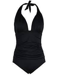 Hilor Women S Plunge Deep V Neck One Piece Swimsuit Halter Bikinis Monokinis Shirred Details Women S One Piece Swimsuits Retro Swimwear Halter One Piece Swimsuit