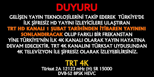 Trt 4k frekans, 4k yayını izleyebilmek için öncelikle yayını destekleyen uydu ve televizyona sahip olmak gerekir. Trt 4k Auf Twitter Trt Hd Kanali 1 Subat Tarihinden Itibaren Yayinini Sonlandiracak Turkiye Nin Ilk 4k Kanali Olarak Devam Edecektir Https T Co Cjclpskhen