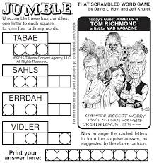 The jumble word puzzle usually has a set of 4 clue accompanied by a drawing illustrating the clues. Richmond Illustration Inc