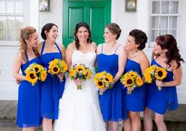 Eucalyptus and thistle are bohemian wedding classics. Blue Wedding Royal Blue Bridesmaid Dresses And Yellow Sunflower Bouquets Colorsbridesmaid