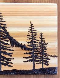 Woodburning Art Pyrography Mountains Pine Trees Landscape Abstract Original Pyrography Patterns Wood Burning Patterns Wood Burning Art
