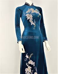 Áo Dài Nhung Xanh Cổ Vịt Kết Hoa Lá | Green Vietnamese Ao Dai (A)