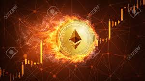 golden ethereum coin in fire with bull trading stock chart ethereum