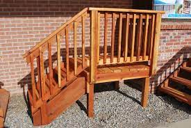 The need for a stair entryway and walkway. Redwood Pre Built Decks Exterior Stairs Exterior Stair Railing Railings Outdoor