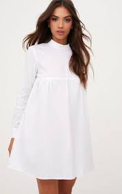 White Cotton Poplin High Neck Smock Dress Girls Smocked Dresses Casual Dresses Smock Dress