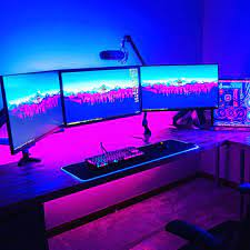 Check out the most attractive ideas to decorate your living room with grey and blue tones here! Wow Absolutely Gorgeous All Pink Blue And Purple Themed Dream Setup The Matching Of All The Wallpapers Video Game Rooms Purple Gaming Setup Best Gaming Setup